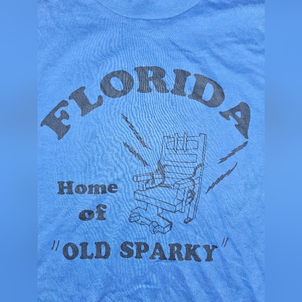 Vintage 80s Electric Chair Serial Killer Old Sparky Screen Stars L Blue Shirt